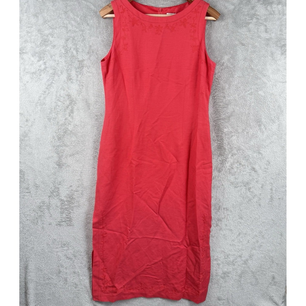 Jessica Howard Midi Dress Womens Petite 12 Red Floral Embroidery Linen Blend VTG